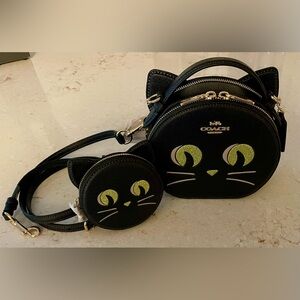 NWT Coach Leather Black Cat Canteen Crossbody Bag & Matching Coin Purse